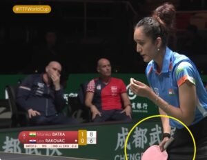 Manika Batra equipment setup against Lea Rakovac at the ITTF Mixed Team World Cup 2025