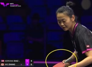 Zhang Mo using her custom ALC shakehand against Adriana Diaz