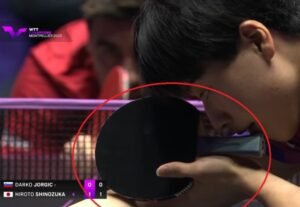 Hiroto Shinozuka using Timo Boll ALC against Darko Jorgic