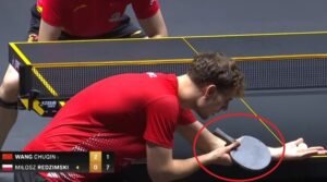 Milosz Redzimsk using Tibhar Shang Kun AC against Wang Chuqin