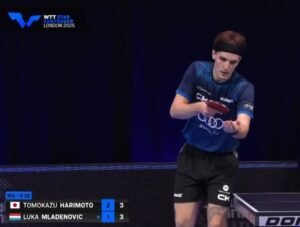 Luka Mladenovic equipment setup against Tomokazu Harimoto at the WTT Star Contender London