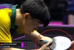 Hwan Bae using DHS Hurricane Long against Dimitrij Ovtcharov