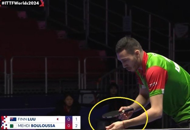 Mehdi Bouloussa equipment setup against Finn Luu at the ITTF World Team Table Tennis Championships Finals Busan 2024
