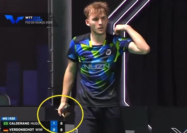 Wim Verdonschot equipment setup against Hugo Calderano