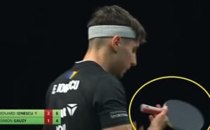 Eduard Ionescu using Tibhar Fortino Force against Simon Gauzy