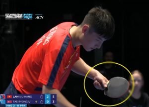 U Tae Ryong using DHS Hurricane Long against Lam Siu Hang at the ITTF World Team Championships 2026
